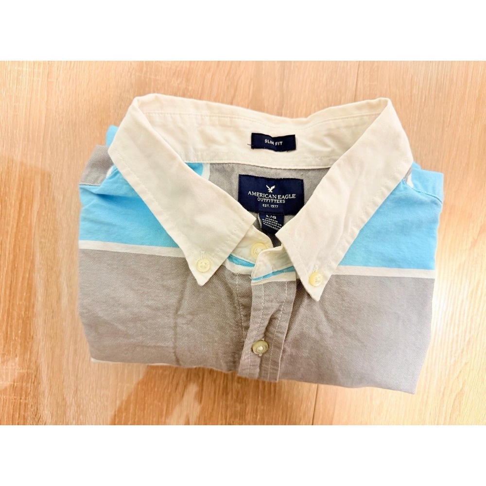 American Eagle Outfitters Slim Fit Button Up Shirt Mens Large Blue Gray Striped - Picture 8 of 8